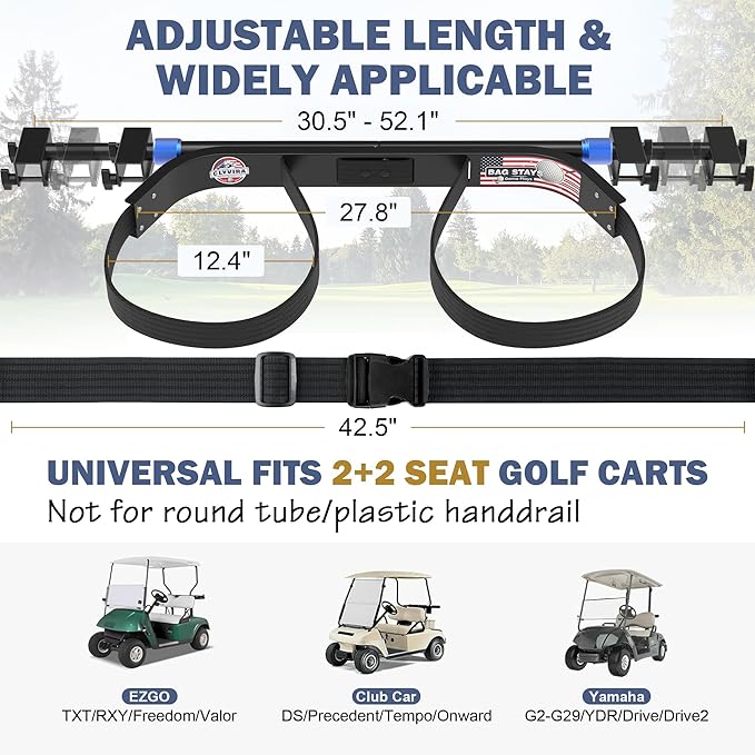Golf Cart Bag Holder Bracket – Lightweight & Sturdy, No Drilling Required, Adjustable Attachment for EZGO, Club Car, Yamaha 2+2 Rear Seats with 1-Inch Square Tube