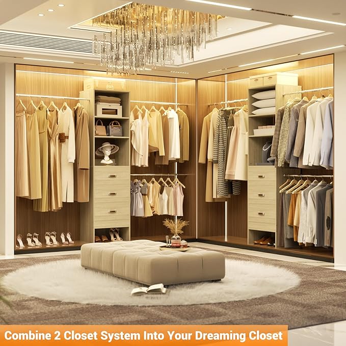 Homieasy 96 Inches Closet Organizer System, 8FT Customizable Walk In Closet Organizer with Hanging Rods, 3 Leather Handle Drawers Garment Rack, 96" L x 16" W x 75" H, Max Load 1000 LBS, White Oak