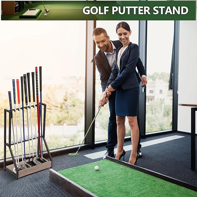 Golf Putter Stand for 9 Clubs & 9 Balls, Solid Wood & Iron Golf Club Rack, Golf Club Organizer Floor Stand, Golf Club Holder | Rustic Modern Design for Home, Office, Golf Course Accessories