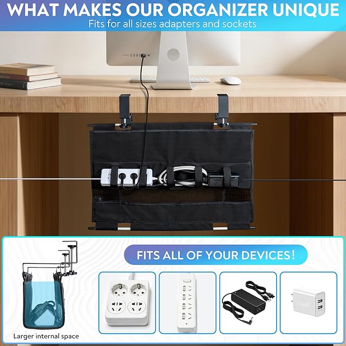 Under Desk Cable Organizer with Mesh Slot for Ventilation, Quick Mount with Clamp or Screws to Hold Fabric Cable Tray, Kit for Tidy Cord & Wire Management for Home Office Standing Desk