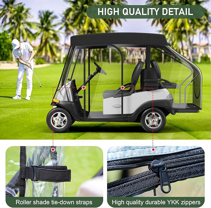 Rosefray Golf Cart Enclosure - 2+2 Drivable Rain Cover for Short Roof 58" EZGO, Club Car - Durable Door Zipper, 4-Sided Clear Windows (4 Seater)
