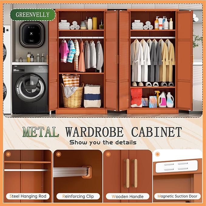 Greenvelly Metal Wardrobe Cabinet with Wooden Handle, 72" Metal Wardrobe Closet with Hanging Rods and Adjustable Shelves, Clothing Storage Closet Cabinet for Home, Office, Employee, Gym (Brown)