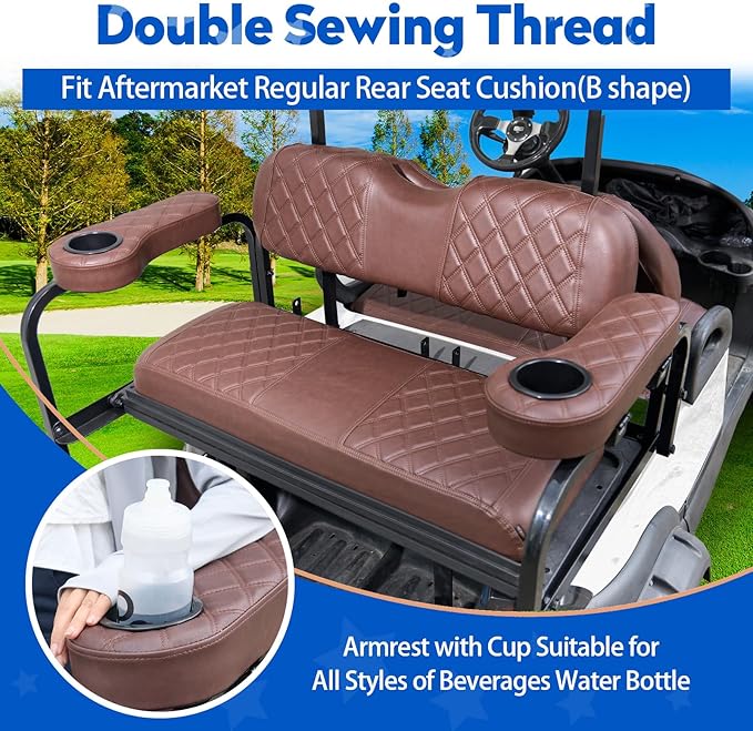 NOKINS Golf Cart Seat Covers for EZGO TXT 1994-2013/EZGO RXV, Vinyl Front&Rear Seat Cover with Flip-Up Armrests kit, with Cup Holder, for 1" Square Tube (Brown&Brown 8438)