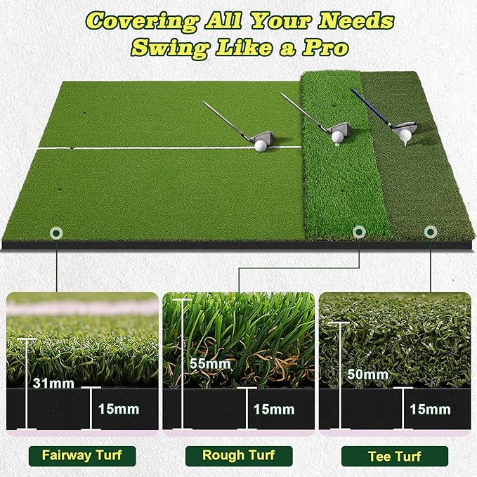 Tri-Turf Premium Golf Hitting Mat, 6x4ft Extra Large, 50mm/55mm/31mm Extra Thick, Non-Slip Foam Base, Dense Artificial Grass, Accept Real Tees, Indoor & Outdoor Practice, Drive/Chip/Pitch, with Tees