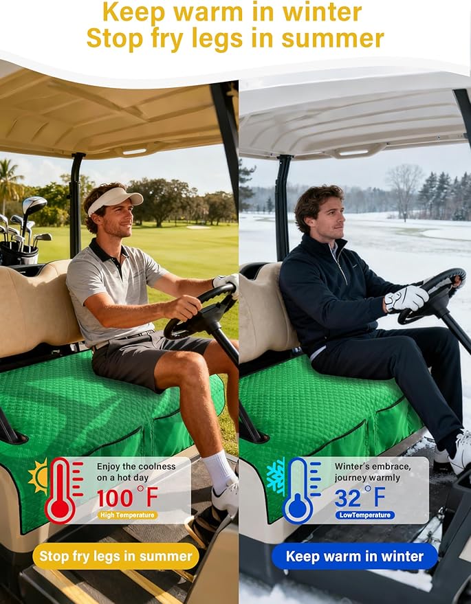 Golf Cart Seat Covers,Golf Cart Seat Towel Blanket with 4 Front Pockets & Nonskid Bottom Fits for EZGO, Yamaha, Club Car and More 2 Person Seats Golf Carts (Christmas Green, Club Car)