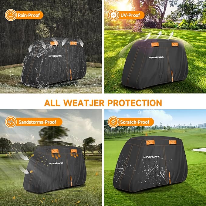 NEVERLAND Golf Cart Cover 2 Passenger, Heavy Duty 420D Golf Cart Covers, Waterproof Club Car Golf Cart Cover with Zipper Doors Compatible with EZGO Yamaha Club Car 2 Seat (Up to 95 Inch)