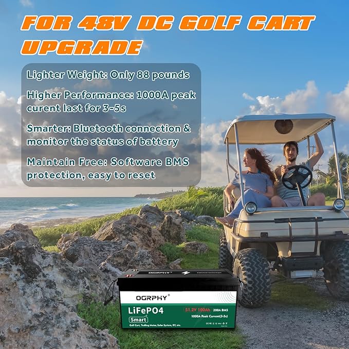 48V Lithium Battery with Onboard 18A LiFePO4 Battery Charger & 200A BMS, 5.12kWh 48V 100Ah Lithium Golf Cart Battery with 10.24kW Output, 1000A Peak Current for Golf Cart, Solar