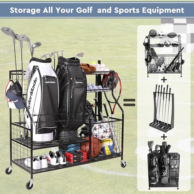 Sports Equipment Organizer, Sports Storage for Garage, Golf Bag Storage Rack, Golf Organizer Stand for Golf Club, Ball Storage Cart with Wheel for Garage, Gym, Shed, Outdoor