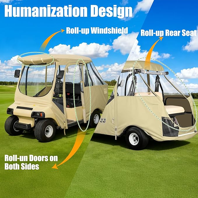10L0L Golf Cart Driving Enclosure for Club Car DS, 2/4 Passenger Short Roof, Waterproof Windproof Heavy Duty 600D Rain Cover with 4-Sided Clear Windows & Durable Door Zipper All-Weather Protection