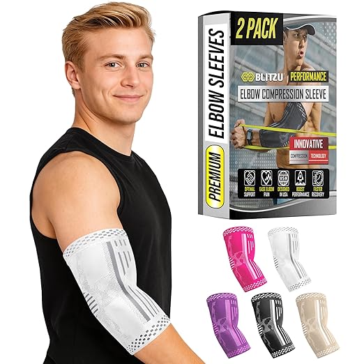 BLITZU Elbow Compression Sleeve for Tendonitis 2 Pack, Tennis Elbow Brace Support for Men and Women Golfers Elbow Pain Relief, Arthritis, Bursitis, Arm Brace for Workout, Weightlifting White L