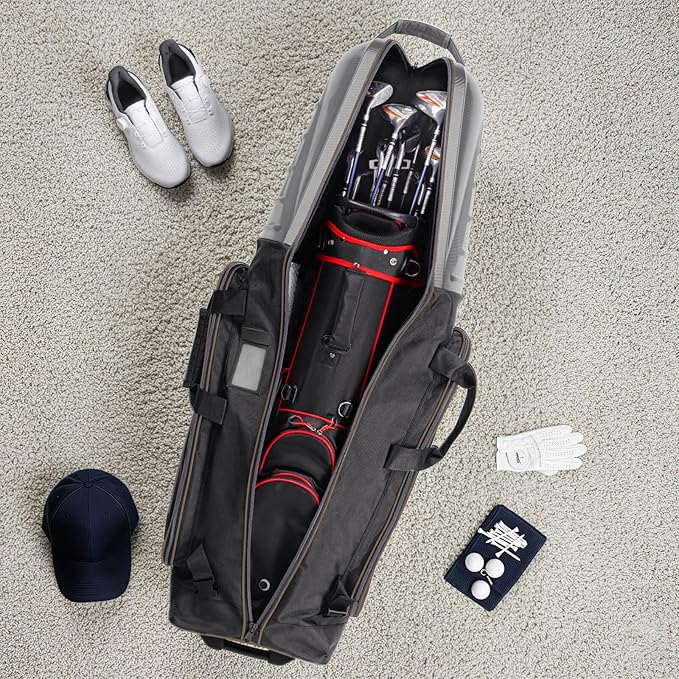 Golf Travel Bag for Airlines with Carbon Fiber Look Hard Top, Protective Club Traveling Cover with Wheel, Golf Club Carrier Case for Airplanes, Thick Padding, Durable Zippers, 2 Spacious Side Pockets