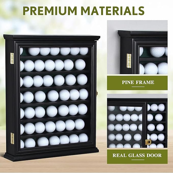49 Golf Ball Display Case Wall Mount Cabinet Lockable Real Glass Door Solid Wood Frame 98 UV Protection Great Golfer Gift 17.4" H x 14.5" W x 3" D Indentations to Prevent Rolling