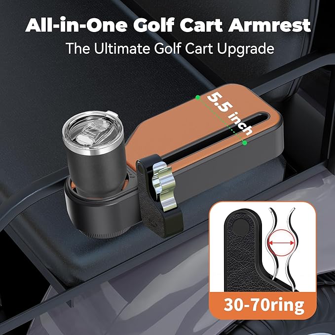 Upgraded Golf Cart Armrest with Cup Holder – Wide Comfort Pad, Universal Fit for EZGO, Club Car, Yamaha – Waterproof, Tool-Free Install, Fits 1" & 1.25" Square Tubes