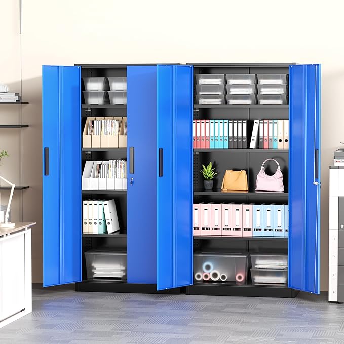 Greenvelly Metal Garage Storage Cabinet with Doors and Shelves, 72" Steel Lockable File Cabinet,Office Storage Cabinet Tall Metal Cabinet for Garage Office School Gym Warehouse(Black Blue)