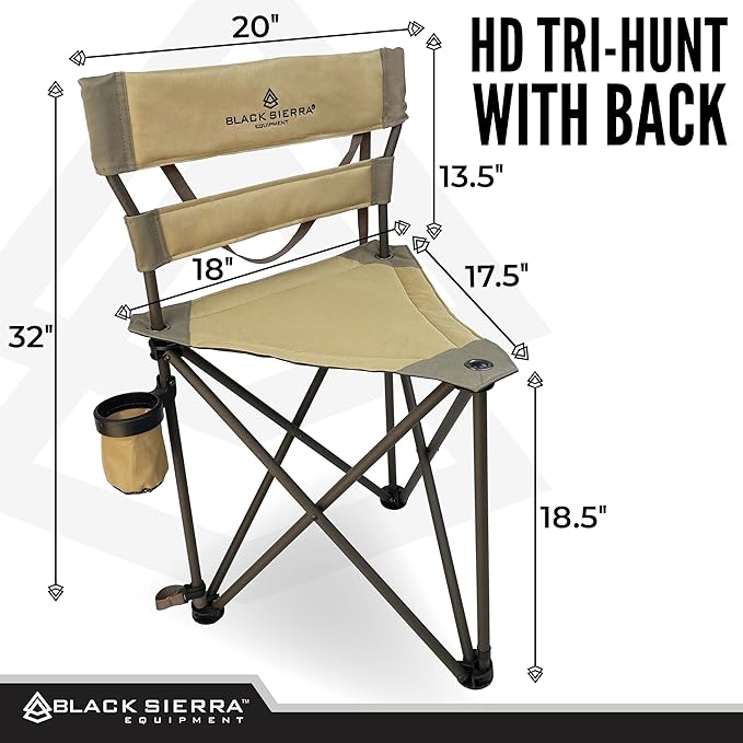 Black Sierra XL Tripod Hunting Stool, Foldable Tripod Seat w/Steel Frame Supports 300 Lbs, Heavy Duty Fishing Chair Features Cup-Holder & Carry Shoulder Strap, for Camping, Hiking, Fishing