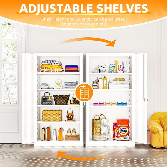 INTERGREAT White Metal Storage Cabinet Doors, 72" Locking Steel Storage Cabinet with Shelves, Tall Metal Cabinet Lockable Steel Cabinets for Home Office