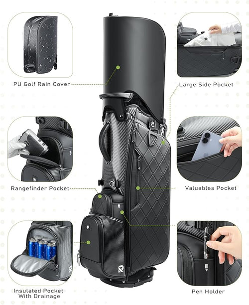 14 Way Golf Stand Bag, Full Length Dividers PU Leather Golf Bag with Plush Top for Men/Women, Waterproof & Versatile Storage Golf Bag with Cooler, Rain Cover and Removable Straps