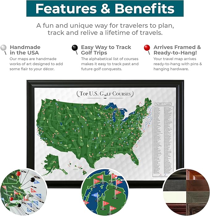 Push Pin Travel Maps Customizable Wall Art - Top Golf Courses USA Map - Brown Frame - Framed Pin Map, Includes 150 Pins - Handcrafted in USA - 27.5" x 39.5"