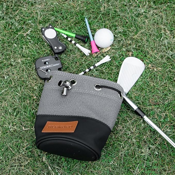 Golf Valuables Pouch,Bucket Waist Design Golf Pouch Bag Tee Bag with Drawstrings Leather for Men Women (Grey)