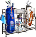 Sonyabecca Golf Bag Stand Golf Storage Organizer for Garage with Basket and Hooks, Storage Rack for 2 Golf Bag, Golf Gift for Men Sports Equipment Organizer, Two Assembly Methods