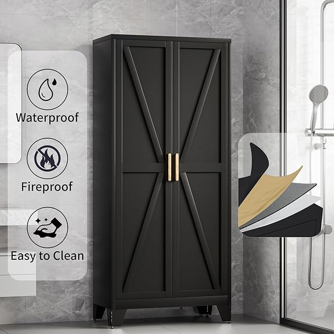 61H Metal Storage Cabinet with 2 Doors and Adjustable Shelves,Farmhouse Storage Cabinet with Barn Doors,Pantry Storage for Home,Office,Bathroom,Dining Room,Kitchen(Black)