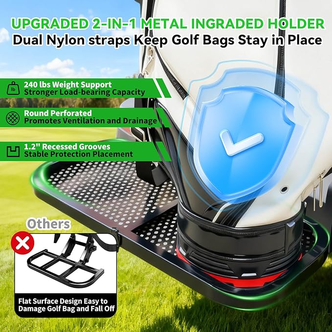 Golf Cart Bag Holder Bracket Upgraded Metal Attachment for 2+2 Rear Seat with 1 Inch Square Rail Golf Cart, No Drilling Required Golf Bag Rack for EZGO Club Car Yamaha Included All Hardware
