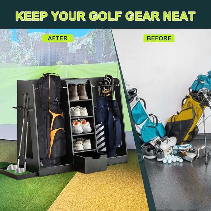 Wooden Golf Bag Organizer for Garage with Drawers, 2 Golf Bag Holder with Club Holders On Side for Car Garage Club Shed Basement, Gray