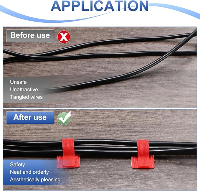 100-Pack Hook and Loop Cable Ties, 3.5 x 1.1 Inch Enhanced Self-Adhesive Cord Organizer for Desk/Home/Wall/Office Essentials, Cable Management Under Desk [Red]