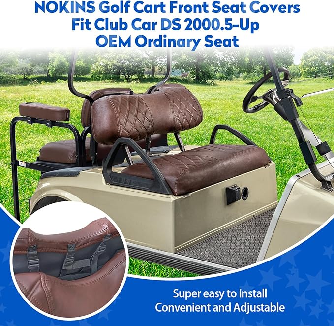 NOKINS Golf Cart Seat Covers for Club Car DS 2000.5-Up, Vinyl Front&Rear Seat Cover with Flip-Up Armrests kit, with Cup Holder, for 1" Square Tube (Brown&Brown 8438)