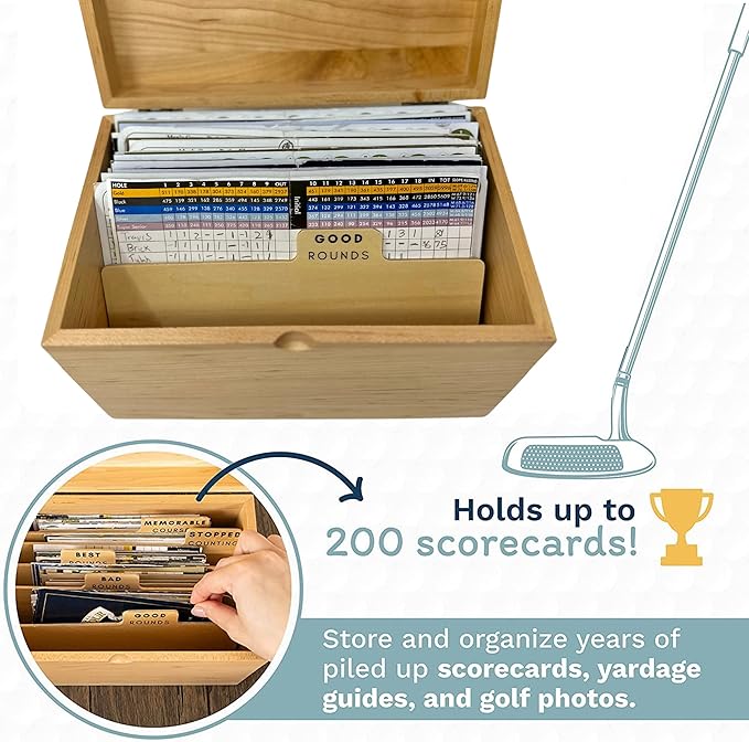 Golf Scorecard Collection Box - Holds Scorecards, Photos, Keepsakes, Yardage Books | Golf Storage Box with 5 Dividers to Organize and Display Golf Score Cards and Accessories Perfect Unique Golf Gift