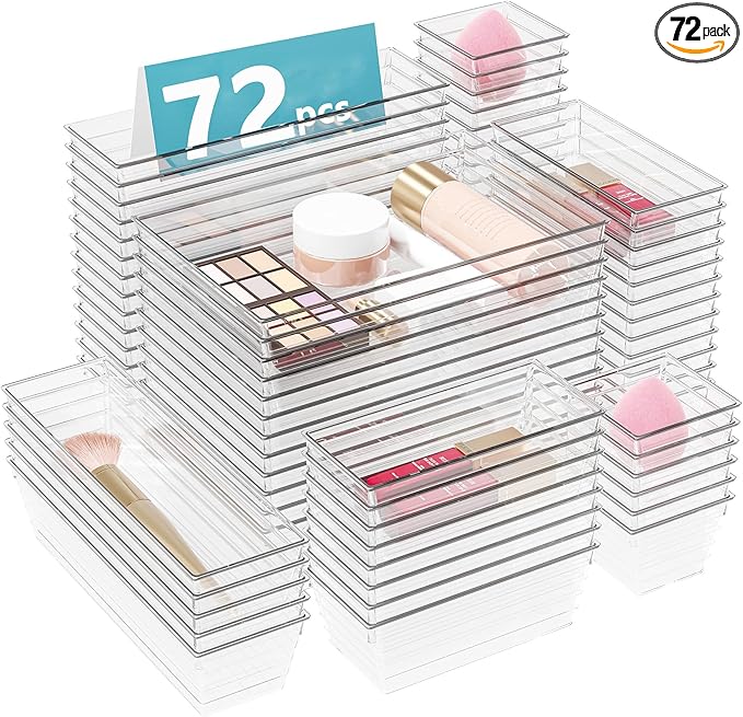 DCA 72 PCS Clear Plastic Drawer Organizers Set, 4-Size Versatile Bathroom and Vanity Organizer Trays, Storage Containers for Makeup, Jewelries, Bedroom，Kitchen Utensils and Office