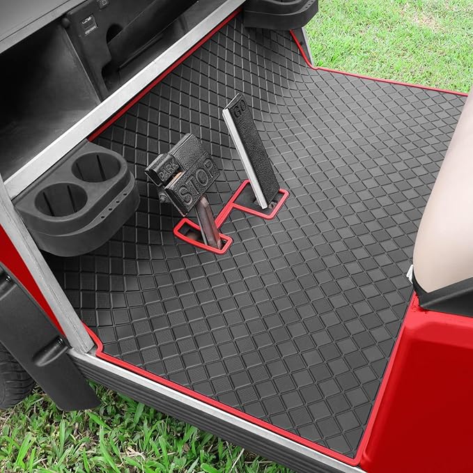 Golf Cart Floor Liner Mat 8mm Thick Rubber Full Coverage Fit for Club Car DS 1982-2013 / Villager 1982-2018 Carts Heavy-Duty Non-Slip Front Feet Mats Replacement Easy to Clean - Red Trim