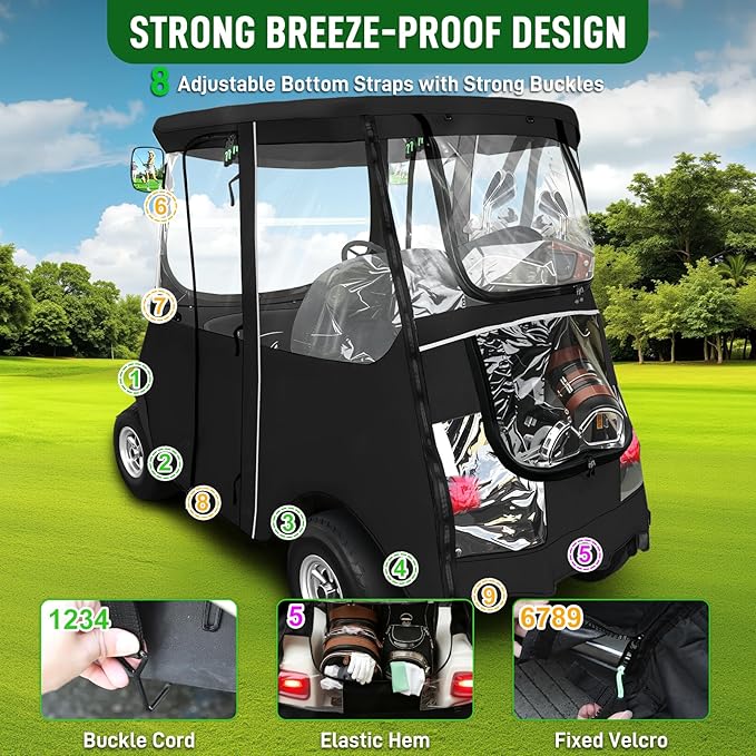 Golf Cart Deluxe Driving Enclosure 2 Passenger Fits Club Car Precedent 2004-Up, Tempo & Onward 2017-Up, Fits Short Roof 42.6" W and 59.9" L, Clear Window with Door Zippers 600D Rain Cover