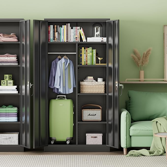 INTERGREAT Metal Wardrobe Closet, 72" H Metal Storage Armoires Cabinet with Lockable Doors and Hanging Rod, Armoire Wardrobe Closet with 4 Adjustable Shelves for Home Office, Warehouse, Garage, Black