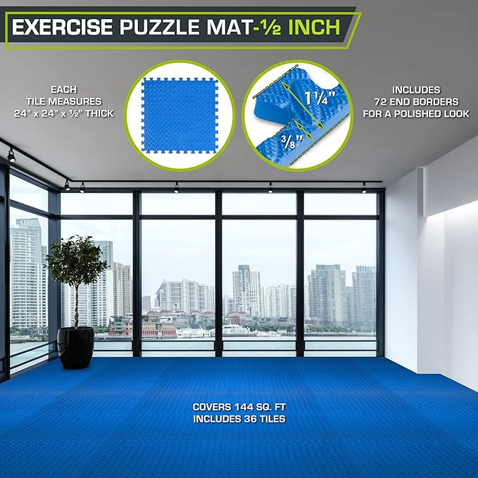 ProsourceFit Puzzle Exercise Mat ½ in, EVA Interlocking Foam Floor Tiles for Home Gym, Mat for Home Workout Equipment, Floor Padding for Kids, Blue, 24 in x 24 in x ½ in, 144 Sq Ft - 36 Tiles