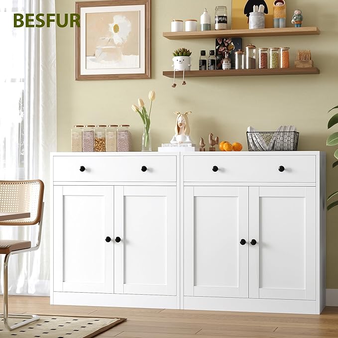 BESFUR Metal Storage Cabinet with Doors and 1 Drawer, 32” Metal Cabinet for Classroom, Home and Office - White