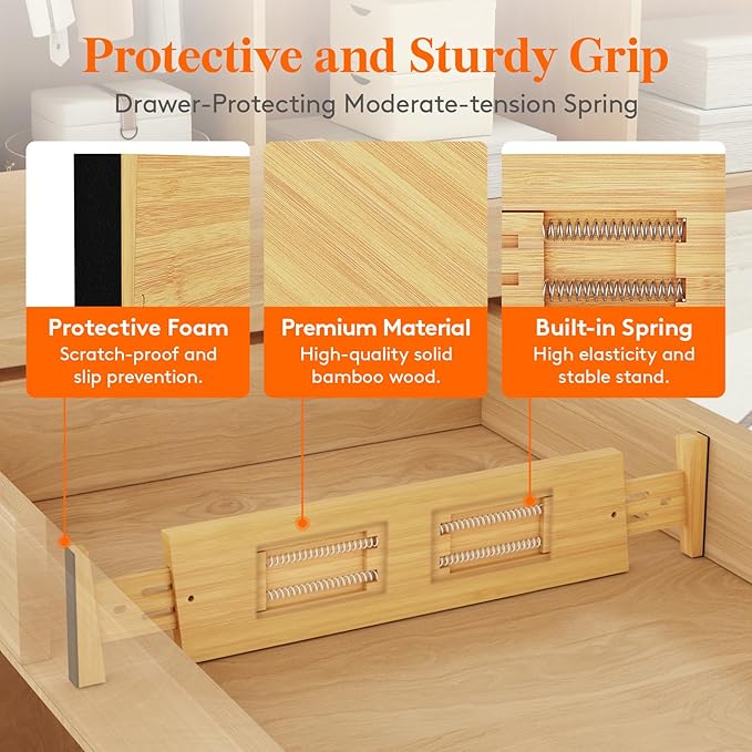 Lifewit 4 Pack 4" High Bamboo Drawer Dividers, 17-21.5" Adjustable Drawer Organizers for Clothes, Wood Dresser Drawer Divider, Expandable Deep Drawer Separators for Dresser, Kitchen, Bedroom, Bathroom