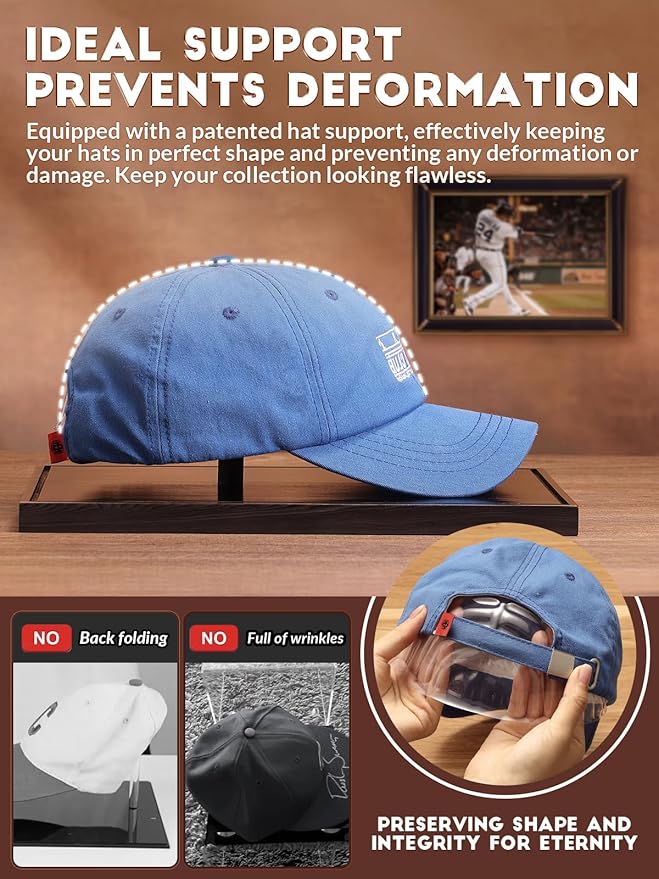 JupDec Hat Display Case, Clear Acrylic Baseball Cap Display Box Stand, UV Protection Signed Hat Transparent Showcase with Solid Wood Base Risers & Hat Shaper, Ideal Gift for Caps Collector, Black