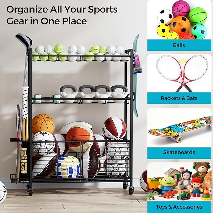 Large Garage Sports Equipment Organizer with Wheels, 3-Tier Ball Storage Rack for Basketballs, Soccer Balls & Sports Gear, Outdoor Sports Organizer with Bat Holder& Hooks, Toy Storage– 31"W