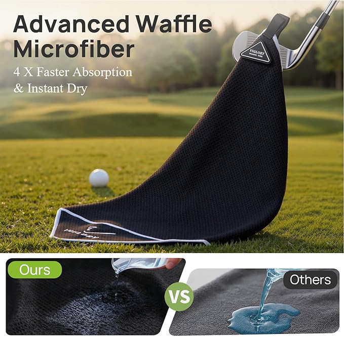 Magnetic Golf Towel for Bag 18" x 18" with Clip Exclusive Cleaning Pocket Microfiber Waffle Ultra Absorbent Club Ball Cleaner Essential Golf Accessories and Gifts for Men Women(Black 1 Pack)