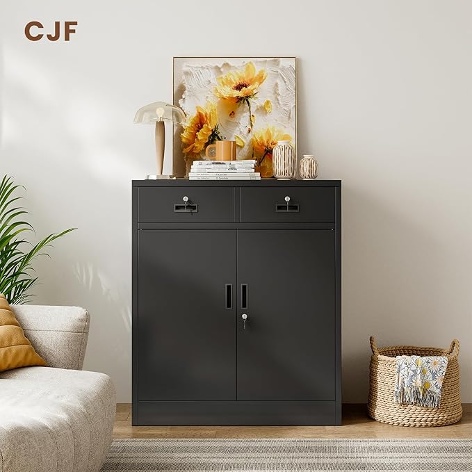 CJF Metal Storage Cabinet, Locking Cabinet with Adjustable Shelf and 2 Drawers, Metal Cabinets for Office, Home, Garage 36" H x 32" W x 16" D (Black)