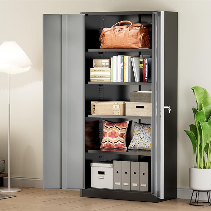 Greenvelly Metal Storage Cabinet with Doors and Shelves, 72'-Inch Locking Metal Cabinet for Garage, Office, School, Warehouse (Black Gray)