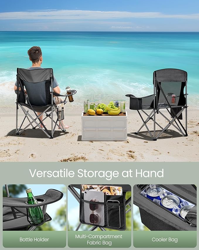 SONGMICS Camping Chair, Folding Lawn Chair with Cooler Bag, 352 lb Weight Capacity, Adjustable Armrests with Cup Holder, Storage Bag, Breathable Nylon Mesh, for Sports Games, Slate Gray UGCB060G01