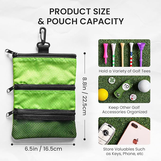 Golf Bag Accessories Valuables Pouch Bags Multi Pocket Zipper Hook with 10 Pcs Wood Golf Tees for Men Women