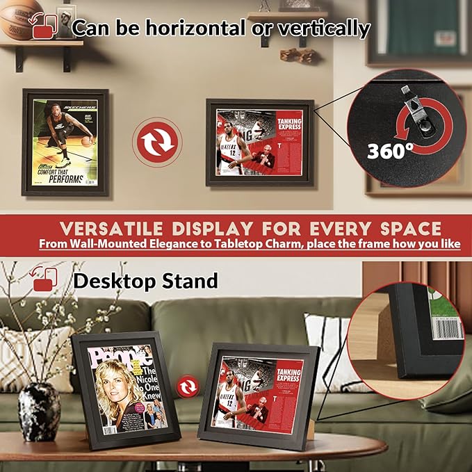 JupDec Sports Magazine Frame 4 Pack, Premium Wood Display Case for 8" x 10.5" Magazines, Wall Mount or Tabletop Stand, Layered Design with Positioning Mat, Perfect for Sports Fans & Home Decor, White