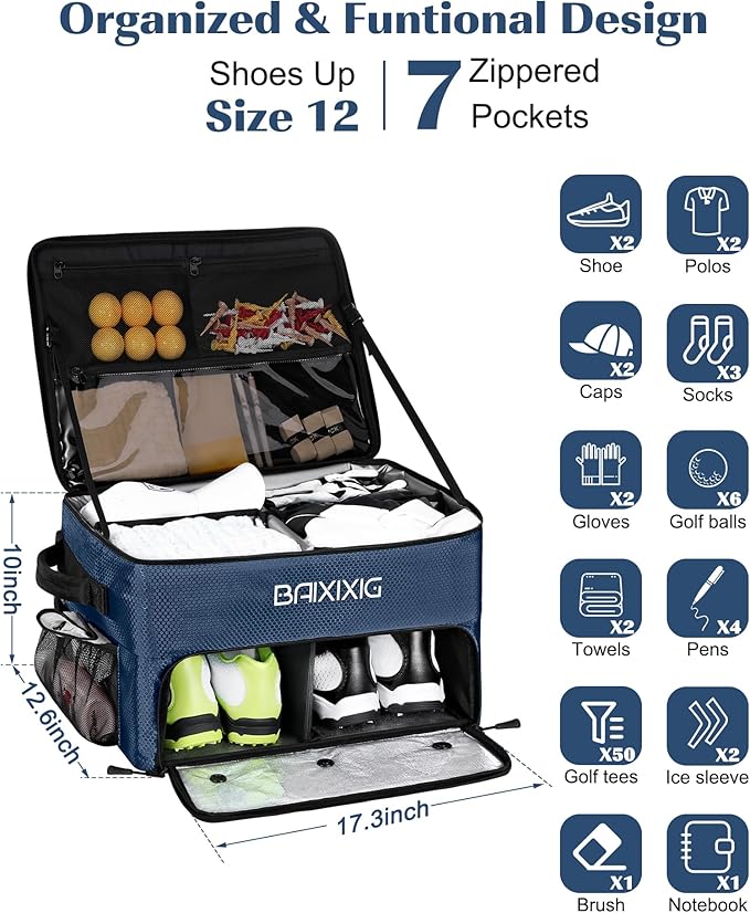 Golf Trunk Organizer, Waterproof Car Golf Locker with Separate Ventilated Compartment for 2 Pair Shoes, Golf Storage for Balls, Tees, Cap, Clothes, Gloves, Accessories, Gifts for Men, Women