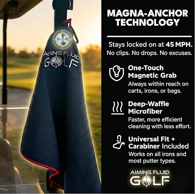 Magnetic 3-Stage Cleaning System Golf Towel - Microfiber Rag with Magnet for Golfcart Bags for Men and Women Golfers Accessories (Black, 16" x 24" Stubby)