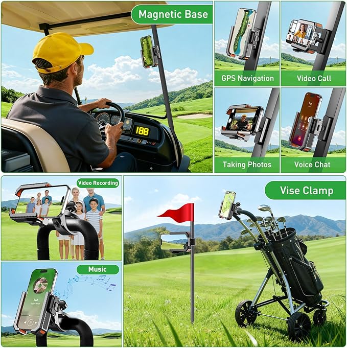 2-in-1 Golf Cart Phone Holder Mount[Magnetic Base&Vise Clamp] Compatible with All 4.5-7" Smartphones (iPhone/Galaxy/Google).Universal Fit for Golf Accessories,EZGO/Club Cars/Yamaha/Golf Cart