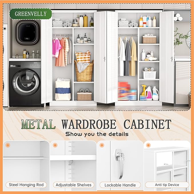 Greenvelly Metal Wardrobe Cabinet with Locking Doors, 72" H x 36" W White Metal Wardrobe Closet Cabinet with Hanging Rods and Adjustable Shelves, Steel Storage Closet for Home, Office, Employee, Gym