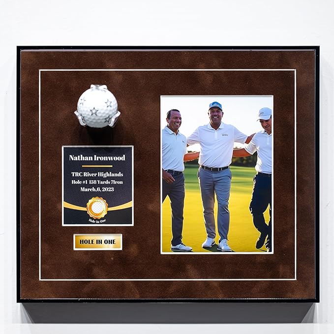 One-Shot Victory Golf Ball Display Frame – Acrylic Case with External Ball Mount, Custom Photo & Nameplate, Brown Suede Mat, Elegant Golf Keepsake Gift